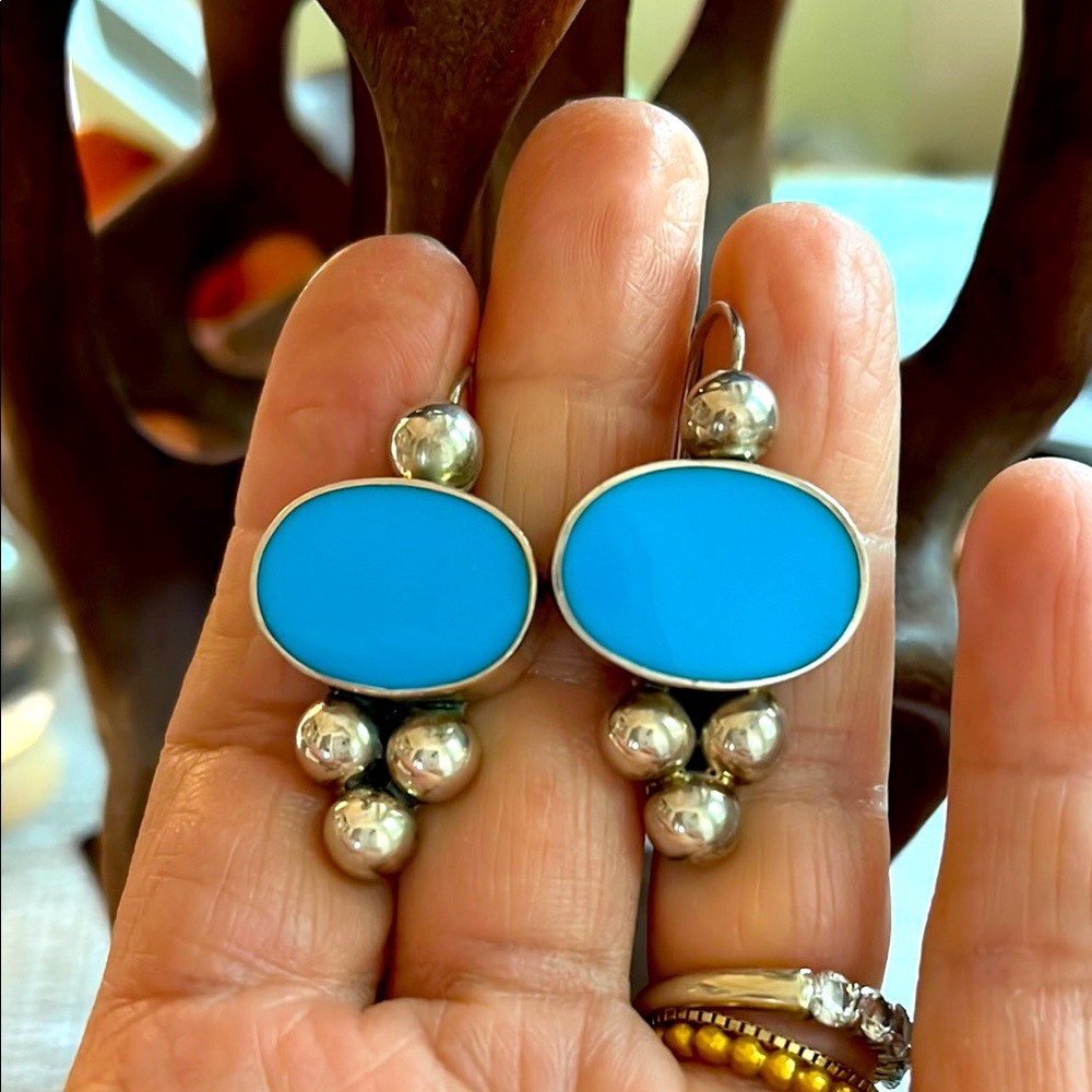 Sterling 925 Silver / Turquoise Color Pierced Earrings Mexico TM-220